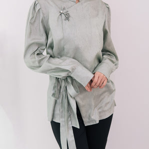 Chinese-Style Tie Puff Sleeve Willow Button Shirt
