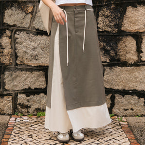 Layered Slit Military Green Maxi Skirt