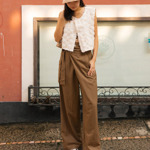 Tie Waist Solid Color Cotton-Linen Trousers