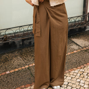 Tie Waist Solid Color Cotton-Linen Trousers