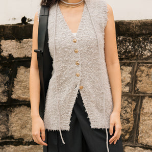 Fuzzy Textured V-Neck Tied Vest