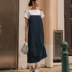 Tie Waist Versatile Layered Dark Blue Maxi Dress