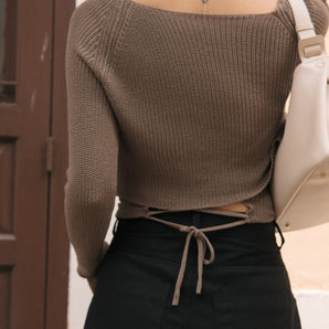 Square Neck Backless Tied Knit Long Sleeve Top