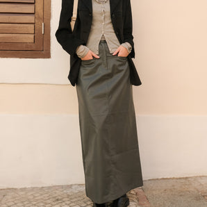 Dark Green Leather Maxi Skirt