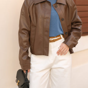 Red Brown Cropped Leather Jacket