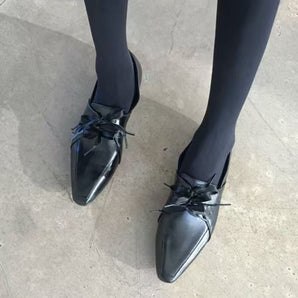 Lace-Up Bow-Tie Pointed-Toe Flat Leather Shoes