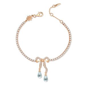 ALICE｜Blue Topaz & Pearl Gold Bow Tennis Bracelet