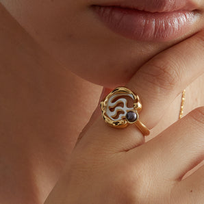 水波紋貝母鑲嵌珍珠戒指