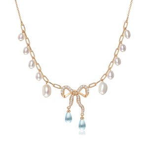 AILCE｜Blue Topaz & Pearl Gold Bow Dangle Necklace