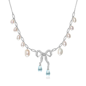 AILCE｜Blue Topaz & Pearl Silver Bow Dangle Necklace