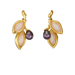 Olive Branch Double Leaf Pearl Earrings
